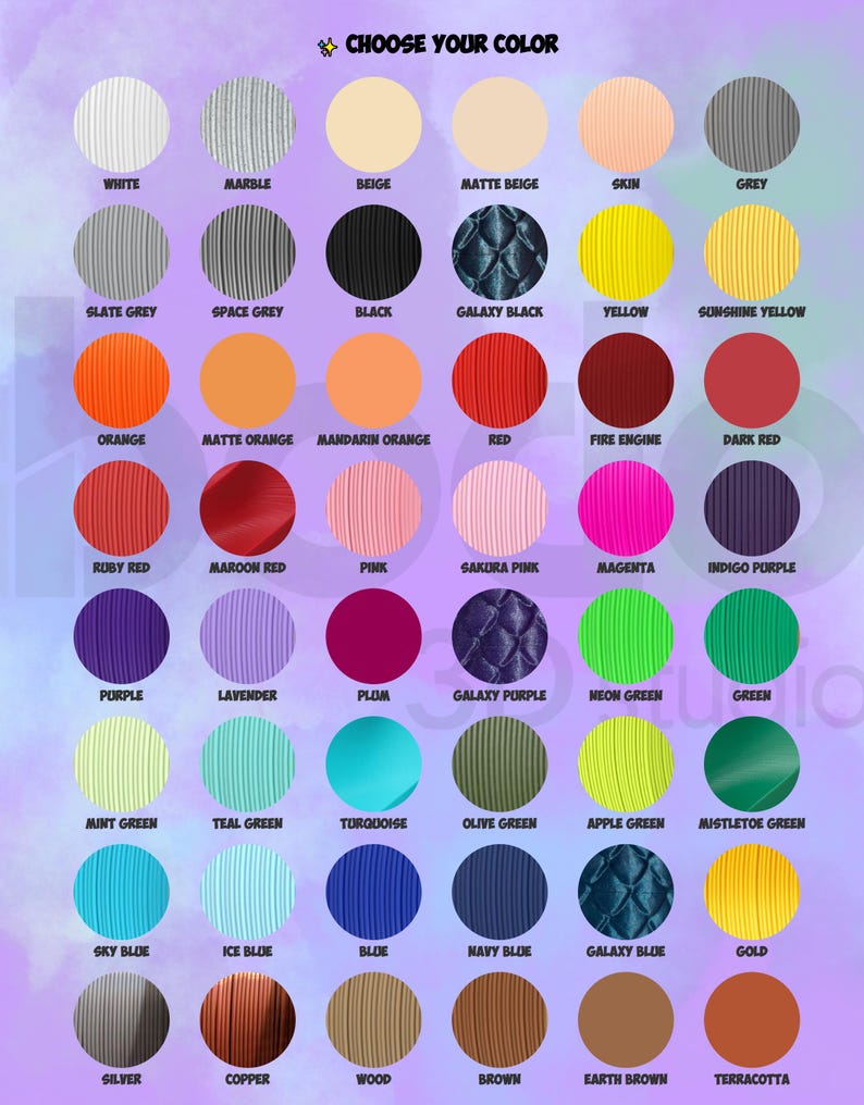 May include: A color chart with a variety of hues, including white, black, red, and blue. The text "CHOOSE YOUR COLOR" is at the top. Each color is displayed in a circular shape, with names like "Marble," "Pink," and "Gold."