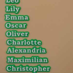 Może przedstawiać: Zielone i białe etykiety z imionami Leo, Lily, Emma, Oscar, Oliver, Charlotte, Alexandria, Maximilian, Christopher i TheodoreJames. Imiona są białe z zieloną obw&oacute;dką.