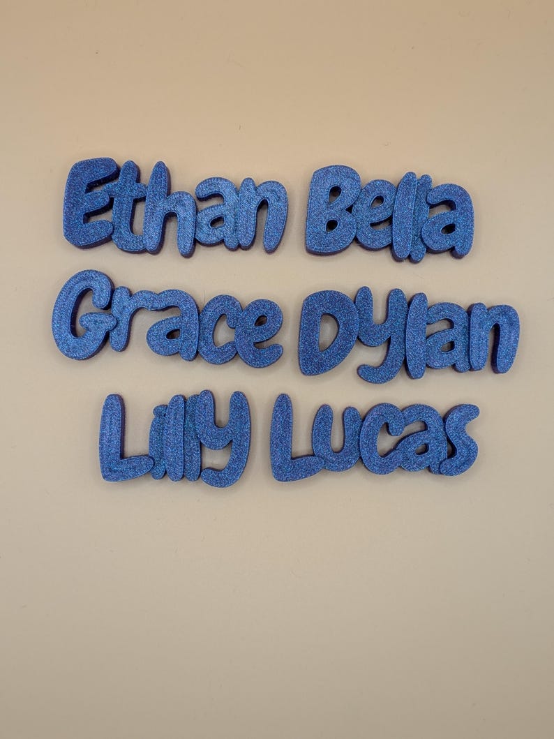 May include: Six blue glitter names: Ethan, Bella, Grace, Dylan, Lilly, and Lucas. The names are in a rounded font, suitable for nursery decor or personalised gifts. Each name has a unique size and shape.
