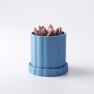 May include: A light blue, cylindrical planter with a matching saucer. The planter has vertical, fluted sides and contains a succulent with pinkish-brown leaves. The design is minimalist and modern, suitable for indoor or outdoor use.