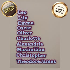 Może przedstawiać: Wycięcia imion w kolorze bordowym z białymi obramowaniami, w tym Leo, Lily, Emma, Oscar, Oliver, Charlotte, Alexandria, Maximilian, Christopher i Theodore James. Obraz zawiera r&oacute;wnież dwie złote pieczęcie, jedną z napisem "Premium Quality" i drugą "Perfect for Parties & Gifts."