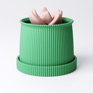 May include: A green ribbed planter with a matching saucer holds a light pink succulent. The planter has a cylindrical shape with vertical grooves. The succulent has multiple petals. The design is modern and minimalist.