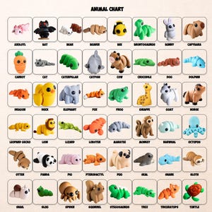 May include: An "Animal Chart" featuring 48 different animal figurines, each in a square frame with the animal's name below. Animals include a bat, bear, bee, bunny, carrot, cat, cow, dog, duck, elephant, frog, giraffe, lion, octopus, panda, shark, and turtle.