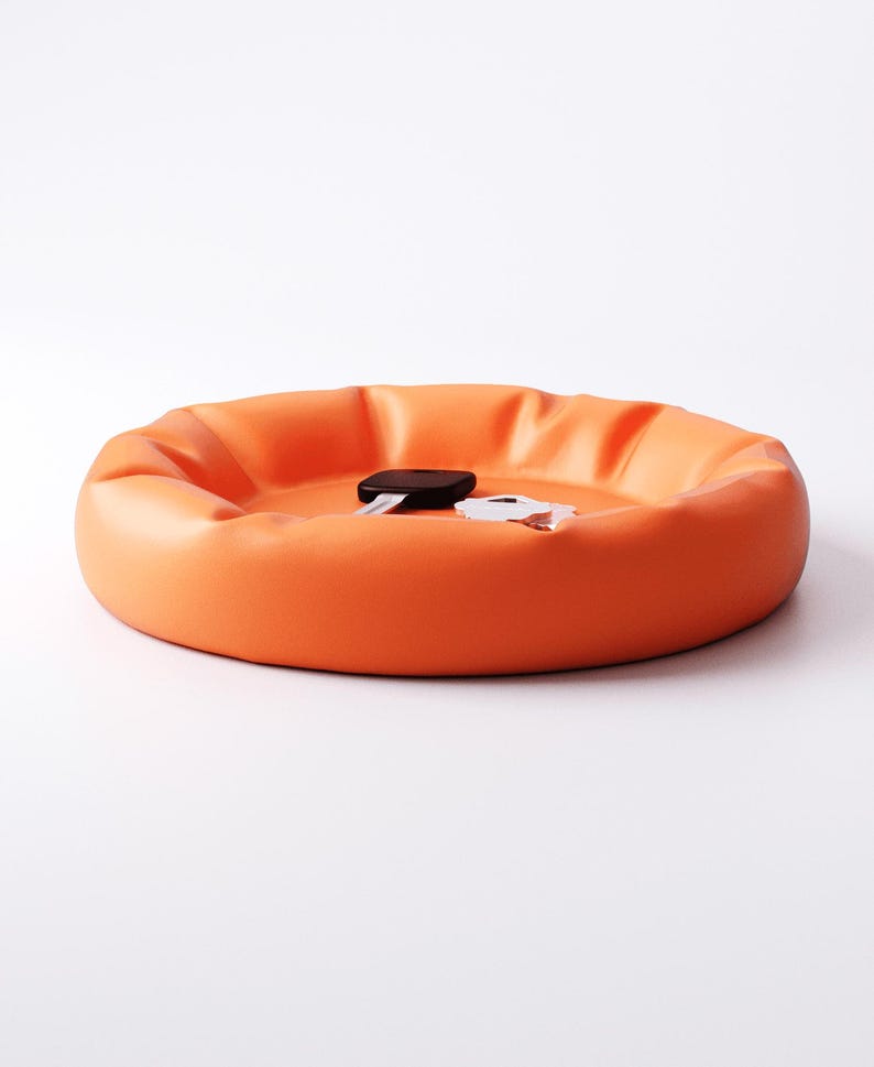 May include: An orange, circular tray with a raised edge. A black object and a white object are inside the tray. The tray is on a white background. The tray is likely used for organizing small items.