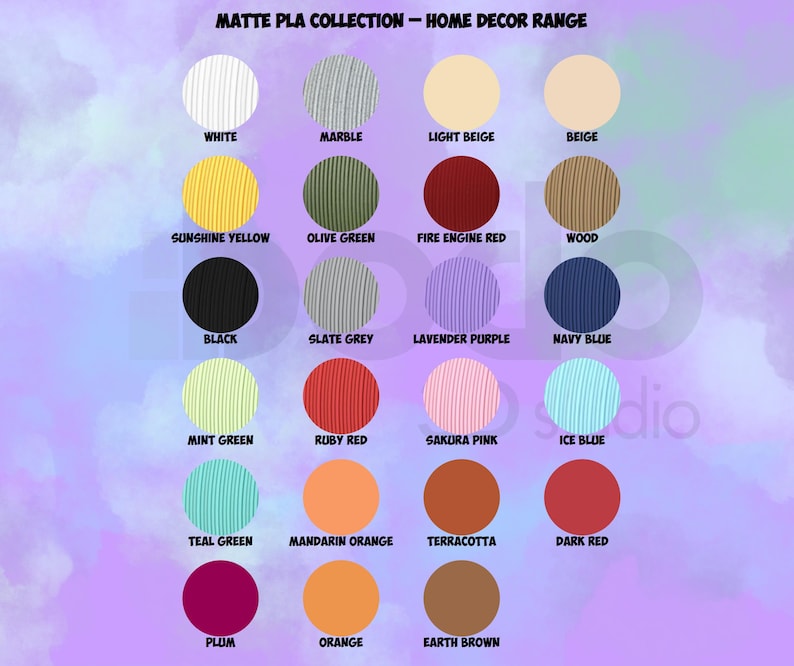 May include: A color palette for home decor, featuring a variety of matte PLA colors. The image displays circular color swatches with names like "White," "Marble," "Sunshine Yellow," "Black," and "Mint Green." The text "MATTE PLA COLLECTION - HOME DECOR RANGE" is at the top.