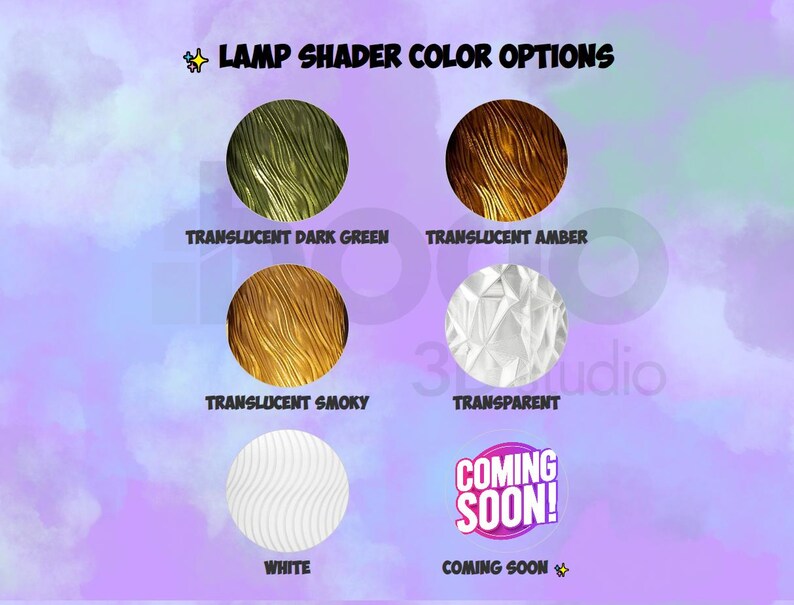 K&ouml;nnte beinhalten: Bild mit Lampenschirm-Farboptionen. Die Optionen umfassen transluzentes Dunkelgr&uuml;n, Bernstein, Rauchig, Transparent, Wei&szlig; und die Option "Coming Soon!". Der Text "LAMP SHADER COLOR OPTIONS" steht oben.