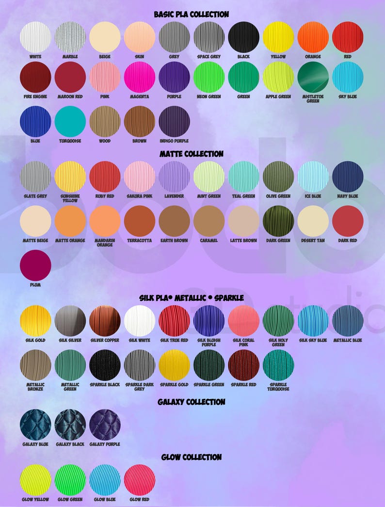 May include: A color chart showcasing various shades of PLA filament. The chart is divided into collections: Basic, Matte, Silk PLA Metallic Sparkle, Galaxy, and Glow. Each color is displayed in a circular swatch with its name below.