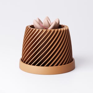 May include: A brown, spiral-patterned planter with a matching saucer. The planter holds a light pink succulent. The design features a series of angled, vertical lines, creating a textured appearance. The overall aesthetic is modern and minimalist.