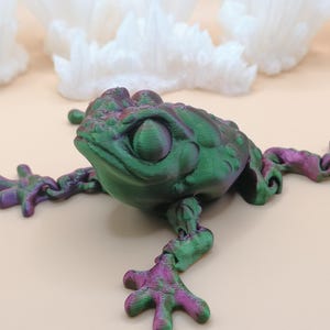 May include: A 3D-printed frog figurine in shades of green and purple. The frog has a textured skin and outstretched limbs. The figurine is set against a light background with white, crystal-like formations.