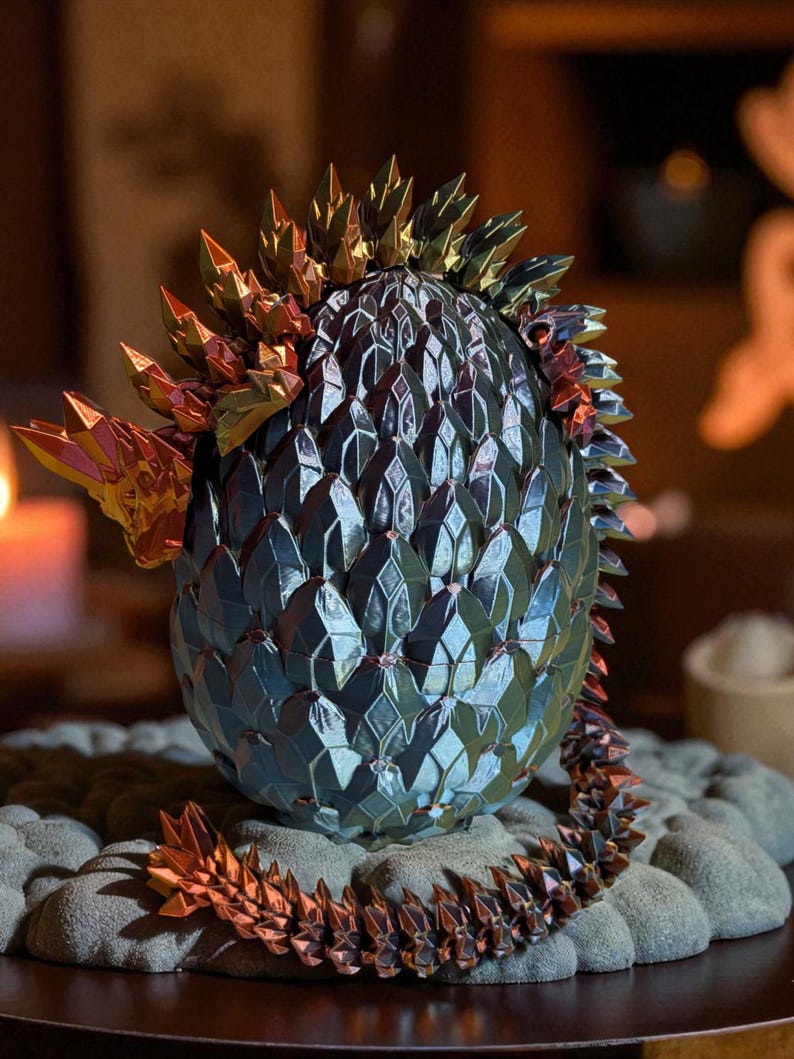 Op de afbeelding: Een decoratieve draken-eiersculptuur met metallic afwerking. Het ei is donkerblauw met een geometrisch patroon en heeft gouden en koperkleurige kristallen punten. Het staat op een getextureerd grijs oppervlak.