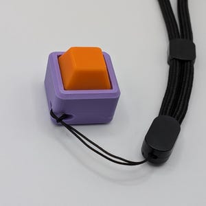 May include: A purple square-shaped object with an orange square button on top. A black lanyard is attached to the object. The lanyard has a black plastic clasp and a black cord.