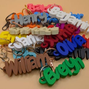May include: A collection of colorful name keychains in various colors, including pink, blue, green, and brown. Each keychain features a different name in a 3D font, attached to a metal keyring. The keychains are scattered on a light orange surface.