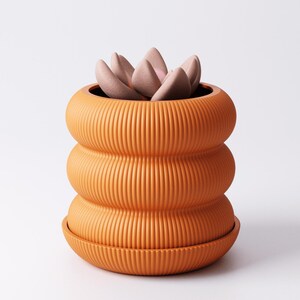 May include: A terracotta-coloured, ribbed ceramic plant pot with a matching saucer. The pot has a distinctive, stacked design and contains a succulent with pale pink leaves. The pot is a warm colour and would be a great addition to any home.