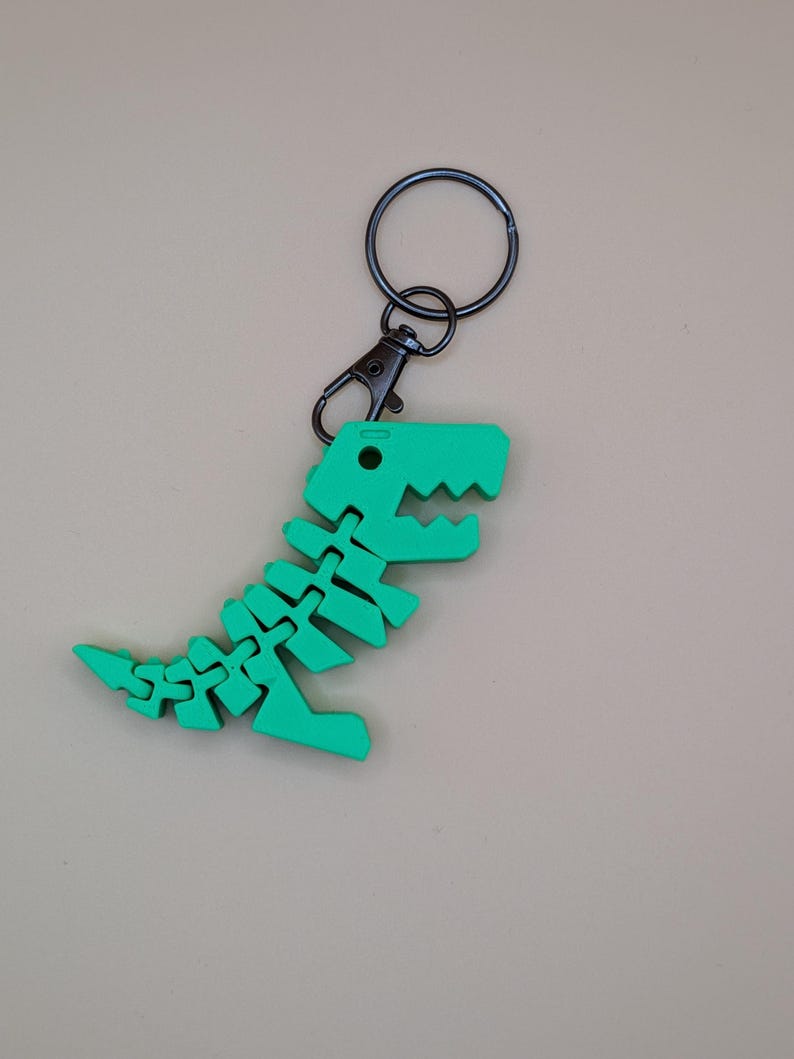 May include: A green articulated dinosaur keychain. The dinosaur skeleton is made of connected pieces, with a black metal clasp and keyring. The keychain is a fun accessory for bags, keys, or backpacks.