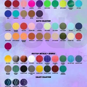 May include: A color chart showcasing various shades of PLA filament. The chart is divided into collections: Basic, Matte, Silk PLA Metallic Sparkle, Galaxy, and Glow. Each color is displayed in a circular swatch with its name below.