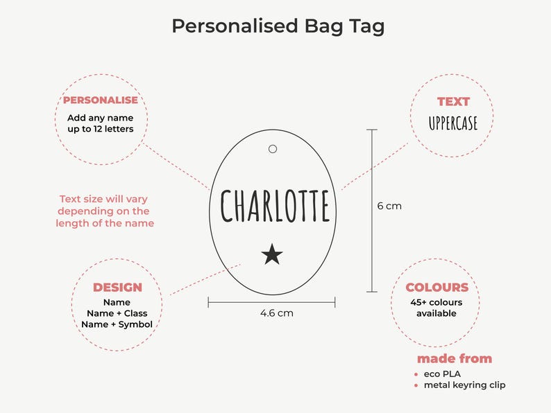 May include: A personalized bag tag with the name "CHARLOTTE" in uppercase letters and a star symbol. The tag is oval-shaped, measuring 4.6 cm wide and 6 cm tall. It can be personalized with up to 12 letters and is available in 45+ colors.