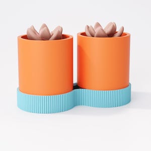 May include: Two orange cylindrical planters with light pink succulent plants, set on a wavy, light blue base. The planters have a smooth finish, while the base features vertical ribbed detailing. The background is plain white.