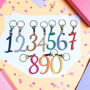 May include: A collection of keychains featuring the numbers 0 through 9 in various colors. Each number is attached to a metal keyring. The background is a light orange color with pink and purple star-shaped confetti and pink and purple gift boxes.