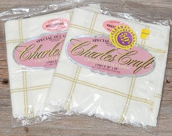 Lot of 2 Charles Craft Gold Metallic Thread Grid Breadcover Bread Cloth Cross Stitch Fabric 14 ct NOS
