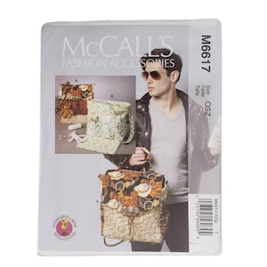 May include: A sewing pattern for a backpack and two bags. The pattern is from McCall's and is for size OSZ. The backpack is brown with a western theme and has a flap with a buckle. The bags are green and brown with a floral pattern.