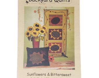 Sunflowers & Bittersweet BQ-125 Backyard Quilts Pattern Quilt, Hooked Pillow and Sunflowers