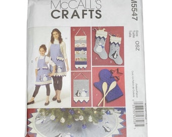McCall's Crafts M5547 Pattern Holiday Items, Penguin and Snowman Stockings, Tree Skirt, Apron