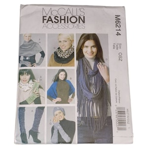 May include: A sewing pattern for a variety of scarves and fingerless gloves. The pattern includes instructions for making a fringed scarf, a leopard print scarf, a cowl neck scarf, and fingerless gloves. The pattern is for size OSZ.