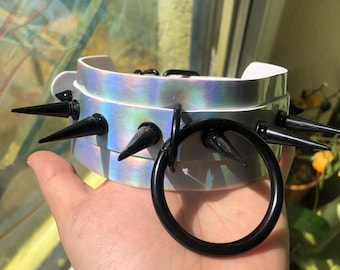 Grave Candy - Holographic faux leather choker | Gothic & with silver/black studs | Customizable | Techno Rave BDSM