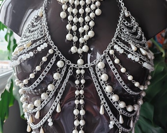 Lunar Grace - Festival Jewelry Rave Costume Necklaces with Pearls Bra Necklace Body Jewelry Body Chain Women's Shoulder Chains Wedding Jewelry