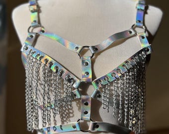 Galaxy Glimmer - Women's holographic harness top with chains, futuristic holographic, shimmering, shiny & adjustable
