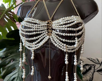 Lunar Kiss - Festival Body Jewelry Rave Costume Chains with Pearls and Butterfly Pendant Kinky Bra Body Chain Women｜up to 100 cm