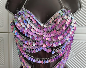 Neptune's Jewel - Body Jewelry Harness Chains with Shiny Shells and Sequins | Kinky | Holographic Purple | Costume Rave Festival
