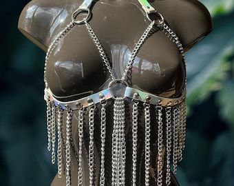 Celestial Aura - Vegan Leather Holographic Harness Top with Chains, Silver/Blue Holographic, Shimmering, Shiny & Adjustable