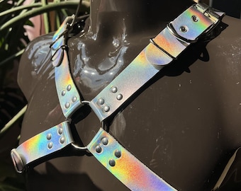 Men's Holographic Harness Top in Space-Style Faux Leather, Silver | Vegan | Adjustable | Kinky Rave Festival Club Party Costume