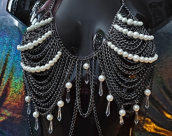 Dark Grace - Body Jewelry with Pearls Body Chain Festival Wedding Jewelry Chest Chain Harness Chains | Adjustable up to 102 cm | Unisex