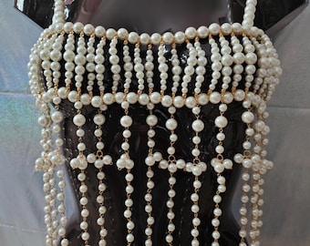 Body chain, festival jewelry, rave costume necklaces with pearls, bra necklace, body jewelry, women's shoulder chains, wedding jewelry