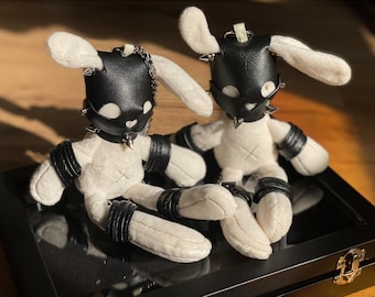 Kinky Bunny Bondage - Keychain | Plush Rabbit Dark Fetish Stuffed Animal Leather and Chains Plush Toy | Playful & Provocative