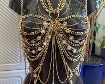 Gilded Majesty - Multilayer Gold Chain with Pearls & Crystals Body Chain Top Royal Rave Festival Wedding｜Jewelry Body Chain kinky