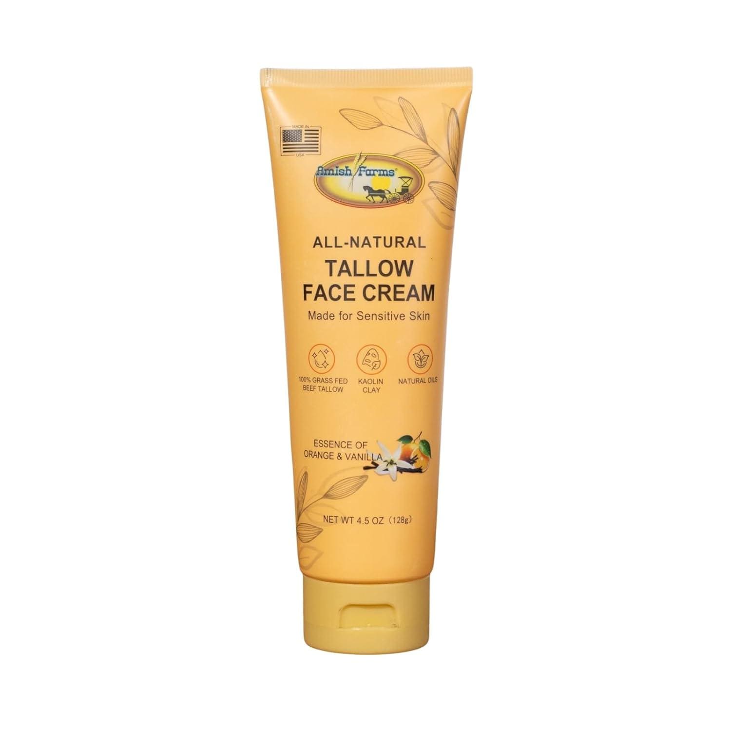 Amish Farms Grass Fed Beef Tallow Face Moisturizer with Kaolin Clay, Vitamin E & Olive Oil 100% Organic Tallow Cream for Dry Sensitive Skin