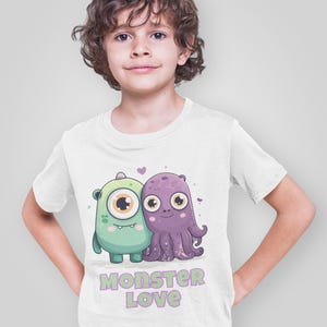 Monster Love Kids T-Shirt, Cute Cartoon Monster Shirt for Boys and Girls, Kawaii Valentine Tee, Toddler & Youth Gift for Kids