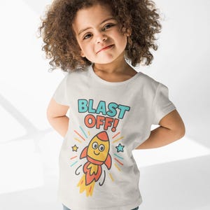 Camiseta infantil "Blast Off Rocket", divertida camiseta espacial para niños pequeños con un cohete de dibujos animados, unisex, ideal para regalo espacial.