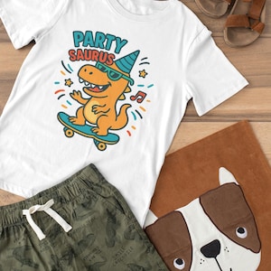 Party Saurus Kids T-Shirt, Funny Dinosaur Toddler Shirt with Skateboard, Cute Unisex Tee for Boys & Girls, Birthday Gift Idea