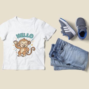 Hello Monkey Kids T-Shirt, Cute Cartoon Toddler Tee with Waving Monkey, Unisex Baby Shirt, Fun Jungle Animal Gift