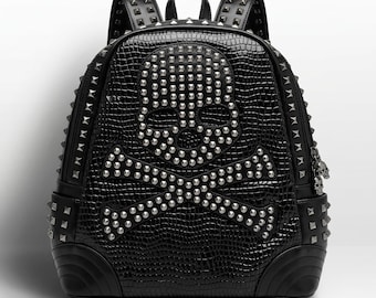Black Studded Skull Leather Backpack — Pyramid Studs, Skull & Crossbones Gothic Punk Streetwear