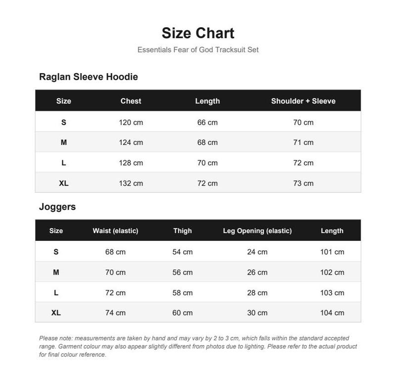 May include: Size chart for Essentials Fear of God Tracksuit Set, detailing measurements for Raglan Sleeve Hoodies and Joggers. Includes chest, length, and shoulder/sleeve measurements in centimeters. Jogger measurements include waist, thigh, leg opening, and length.