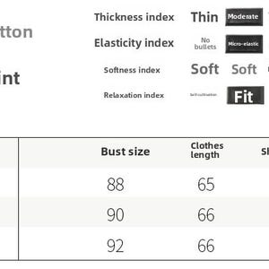 May include: A white background with text and a table. The text indicates the fabric is cotton and the print is the explanation. The table shows sizes S, M, and L with bust, clothes length, and shoulder width measurements.