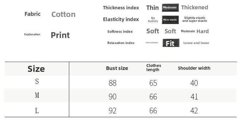 May include: A white background with text and a table. The text indicates the fabric is cotton and the print is the explanation. The table shows sizes S, M, and L with bust, clothes length, and shoulder width measurements.