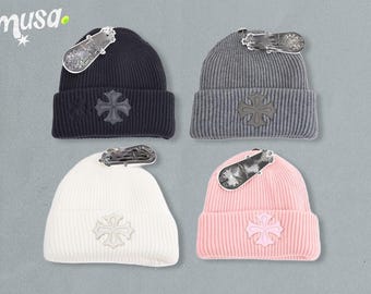Chrome Hearts Ribbed Knit Beanie with Leather Cross Patch - Y2K Grunge Streetwear Beanie