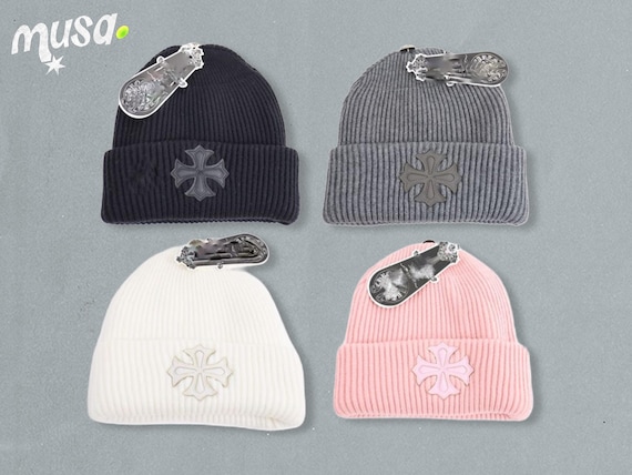 Chrome Hearts Ribbed Knit Beanie with Leather Cross Patch - Y2K Grunge Streetwear Beanie