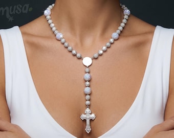 Iced Out Crystal Pave Rosary Necklace — Silver Tone Ornate Cross Pendant